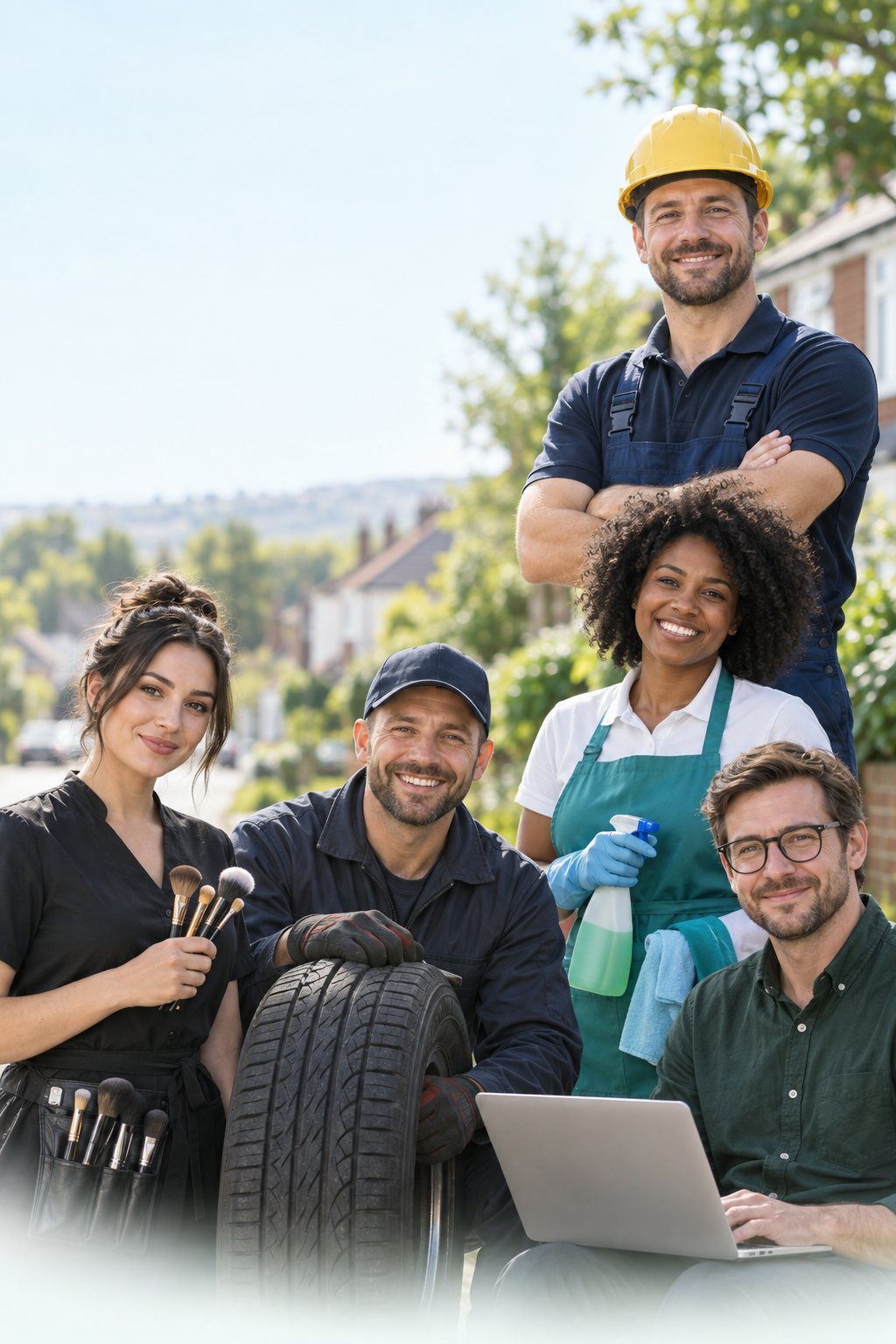Illustrative group of home repair, beauty, mobile tyre, cleaning and digital service professionals